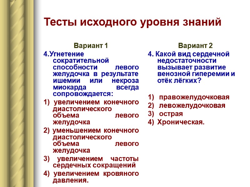 Тесты исходного уровня знаний Вариант 1 4.Угнетение сократительной способности левого желудочка в результате ишемии